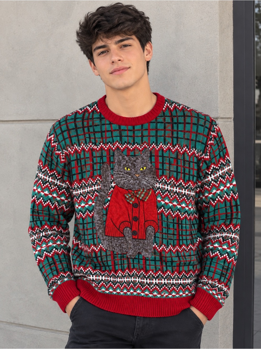 Men's Green and Red Holiday Cat Sweater